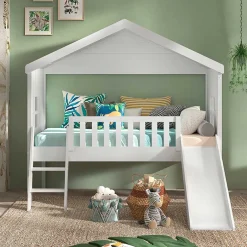Kinderhochbetten|Kinderbetten*Pharao24 Hausbett mit Rutsche und Leiter Acneza