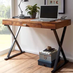 Massivholztische|Computertische*Pharao24 Schreibtisch Holz und Metall Tsubasa