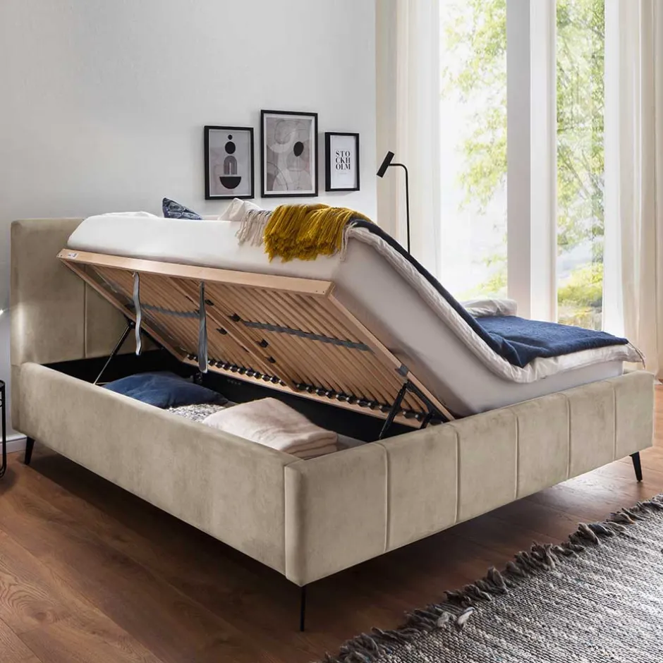 Pharao24 Velours Polsterbett Beige Sonna> Doppelbetten|Funktionsbetten