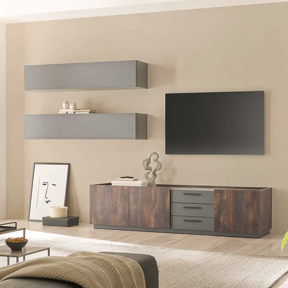 Moderne Wohnwände|Wohnwand 350 Cm*Pharao24 Wohnwand 3-teilig Hanniba